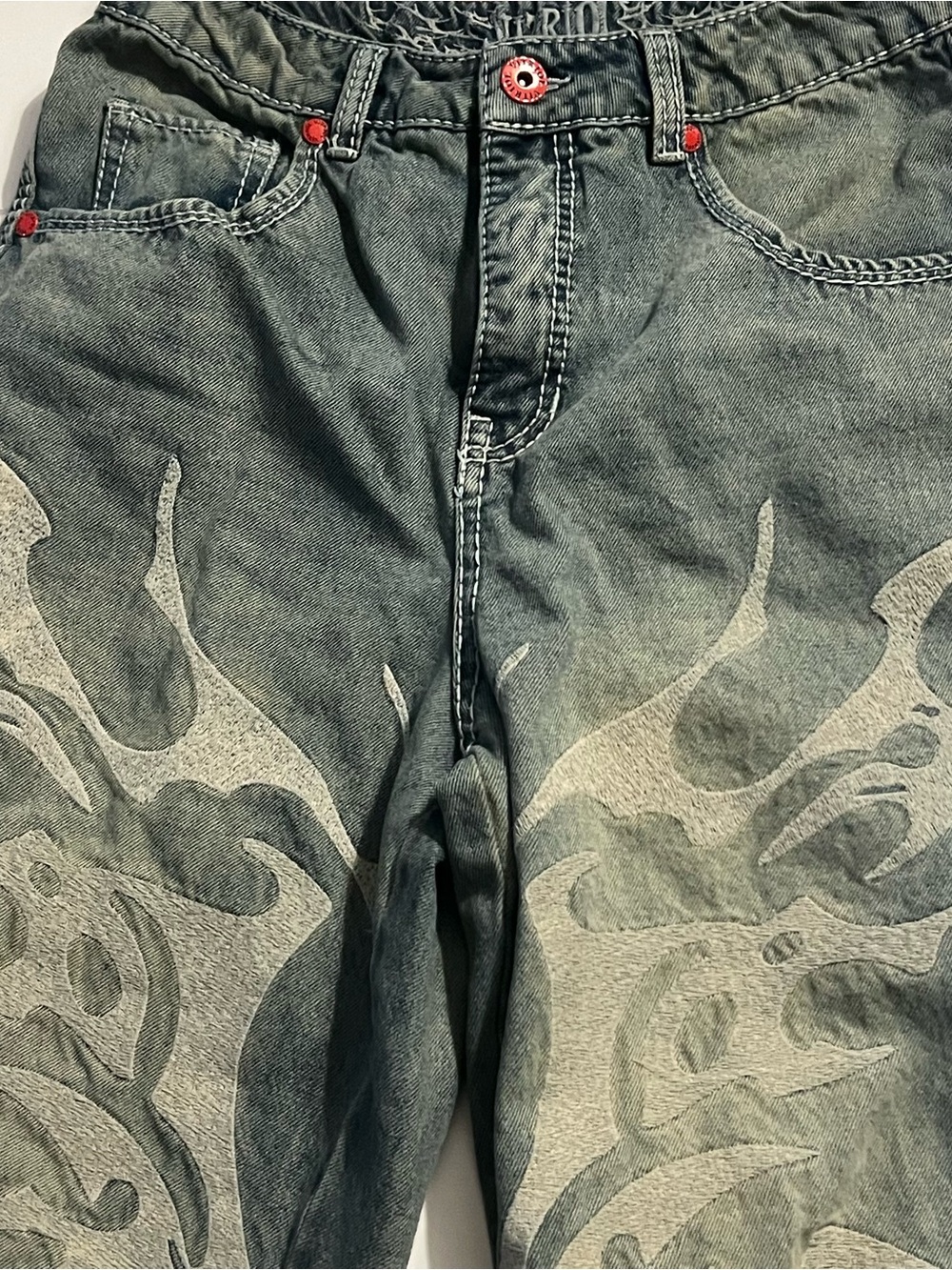 Vitriol Ultra Baggy Jeans Tribal Flame Embroidered Wide Leg Y2K Skater Goth